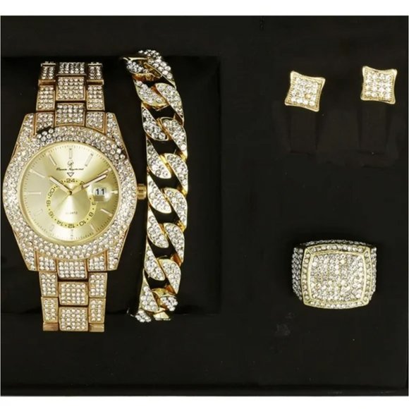 Watch and Jewelry set cuban chain watch earrings - Picture 1 of 9